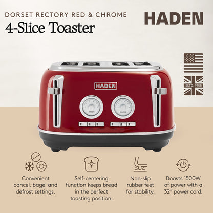 Haden Dorset 4 Slice Wide Slot Stainless Steel Toaster, Rectory Red