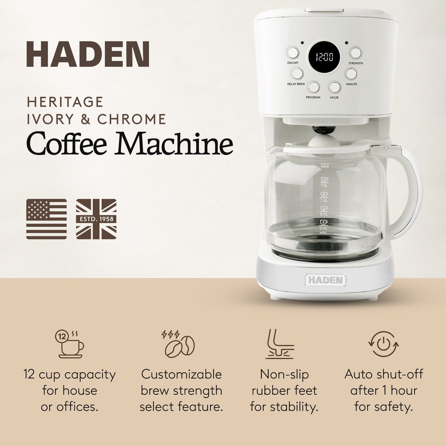 Haden Coffee Machine, 12 Cup Programmable Drip Coffee Maker, Ivory & Chrome