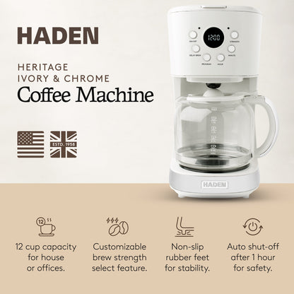 Haden Coffee Machine, 12 Cup Programmable Drip Coffee Maker, Ivory & Chrome
