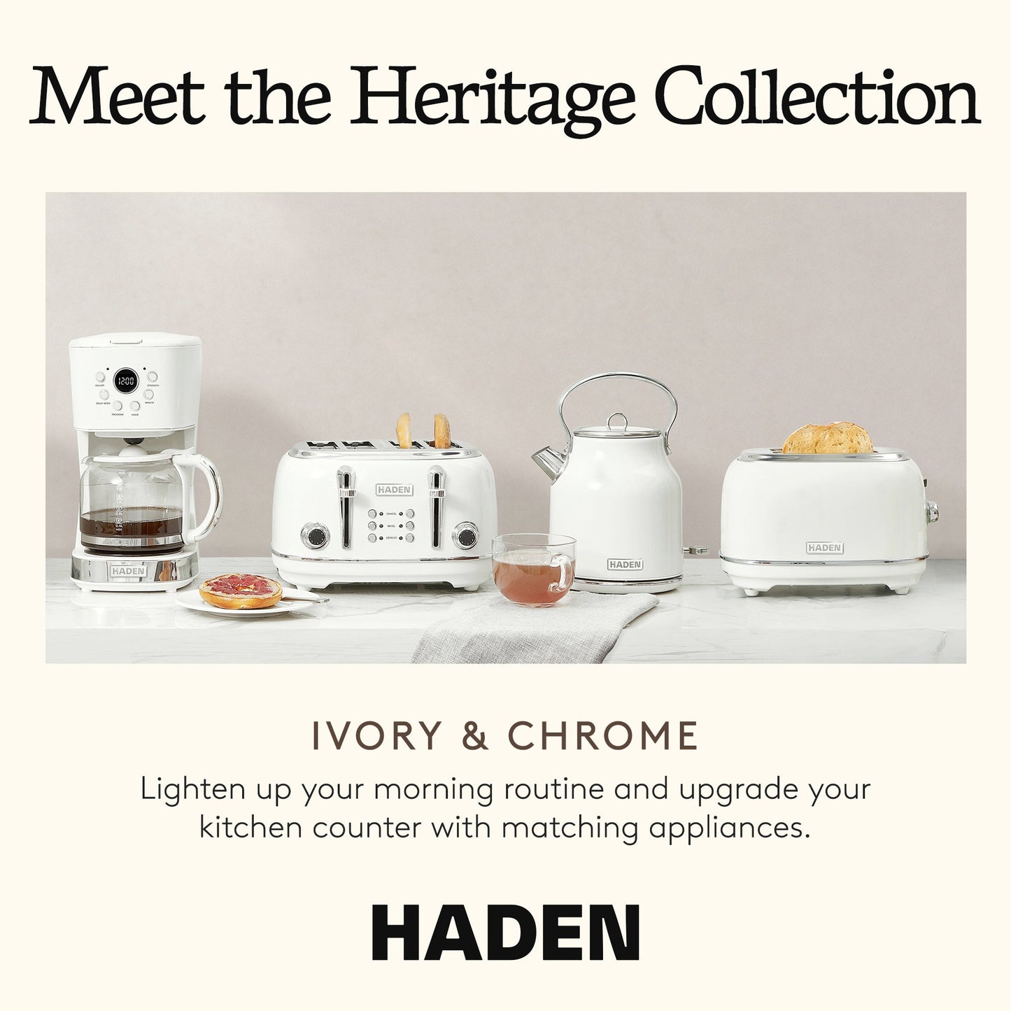 Haden Coffee Machine, 12 Cup Programmable Drip Coffee Maker, Ivory & Chrome