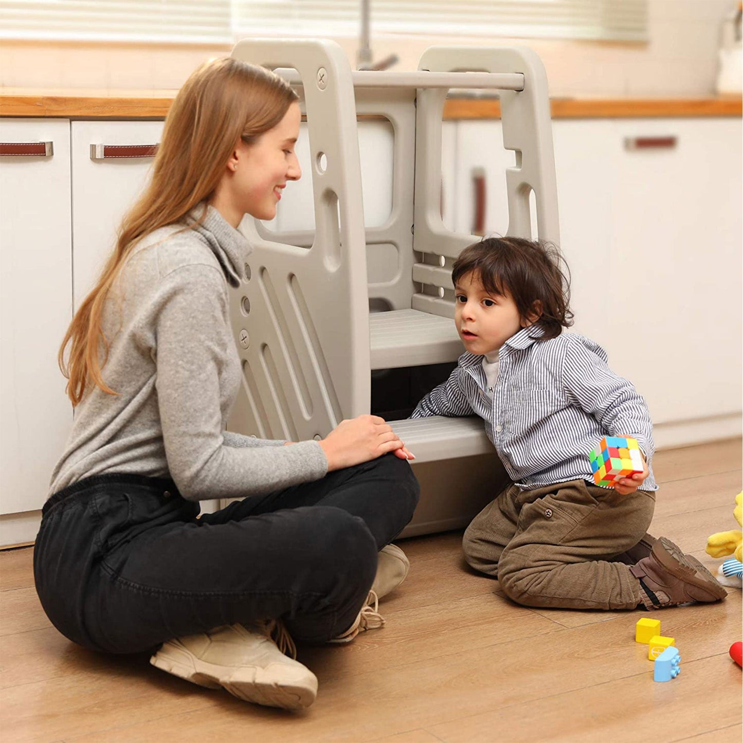 SDADI Kids Durable Plastic Step Stool with 3 Adjustable Heights, Light Gray