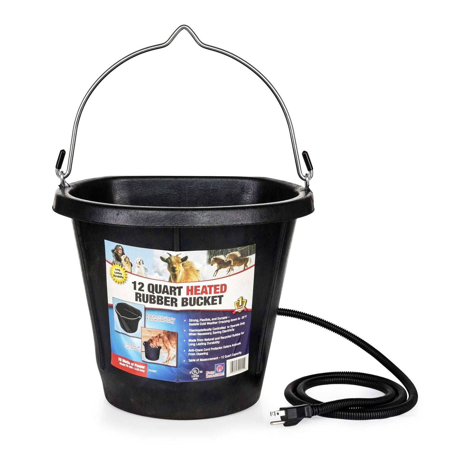 Farm Innovators FB-80R Rubber 3 Gallon Flat Back Heated Bucket, 70 Watt, Black