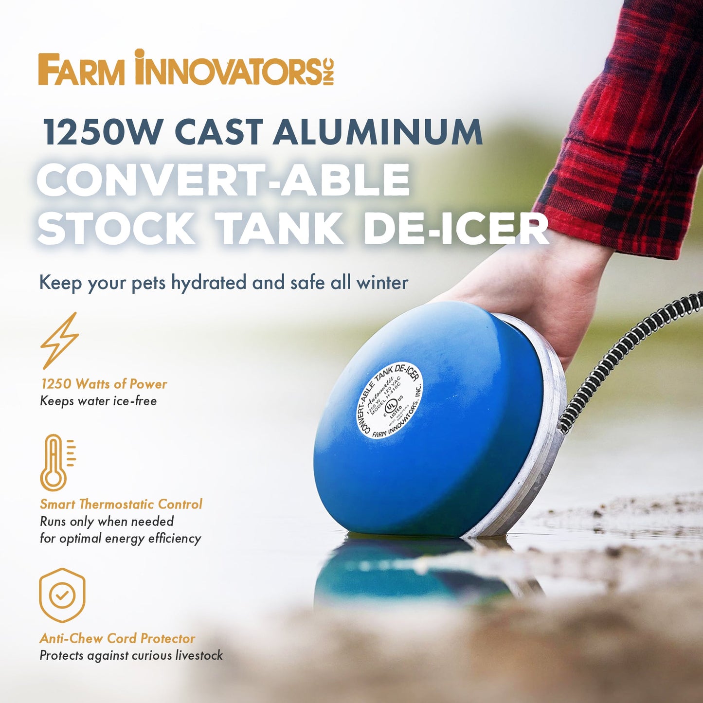 Farm Innovators H-418C Cast Aluminum 1250W Convert-Able Floating Tank De-Icer