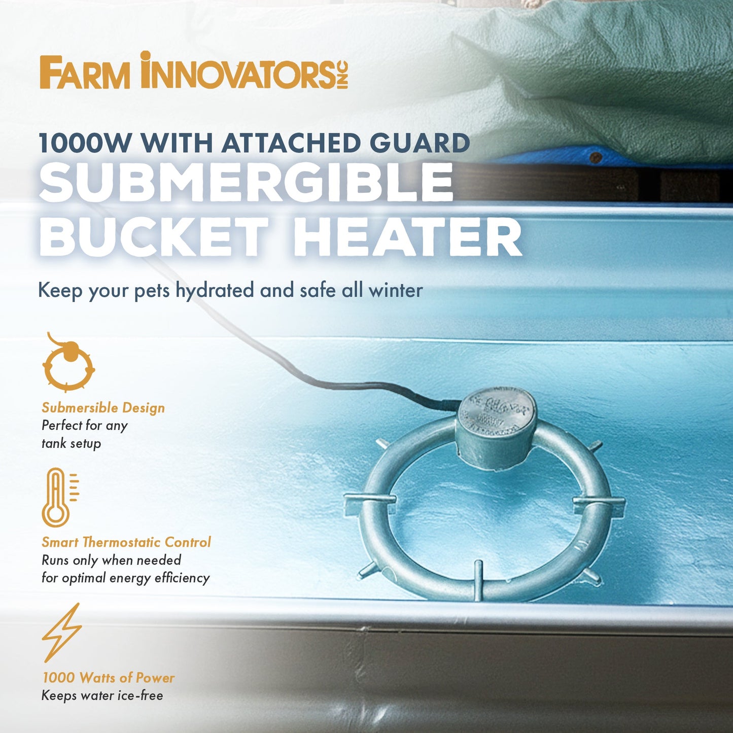 Farm Innovators W-409 Submergible Bucket Heater with Attached Guard, 1000 Watt