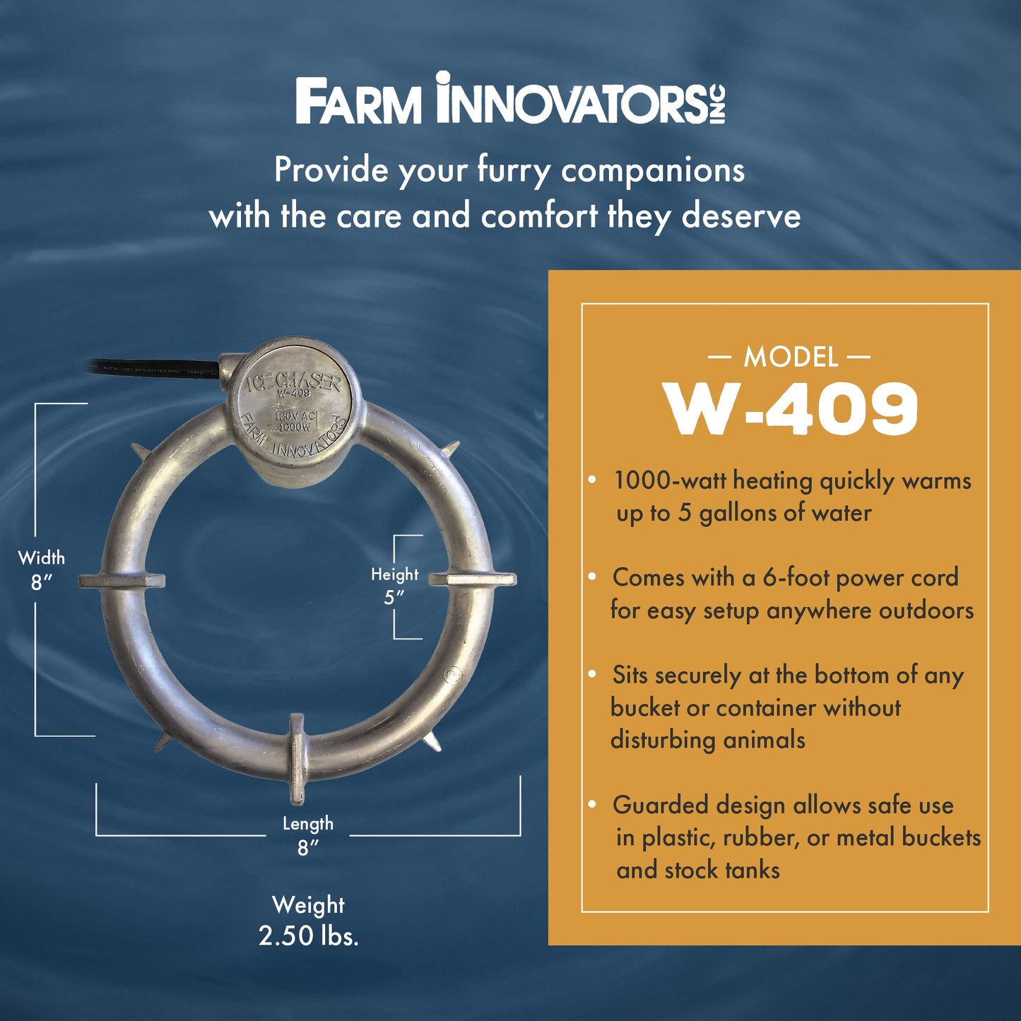 Farm Innovators W-409 Submergible Bucket Heater with Attached Guard, 1000 Watt