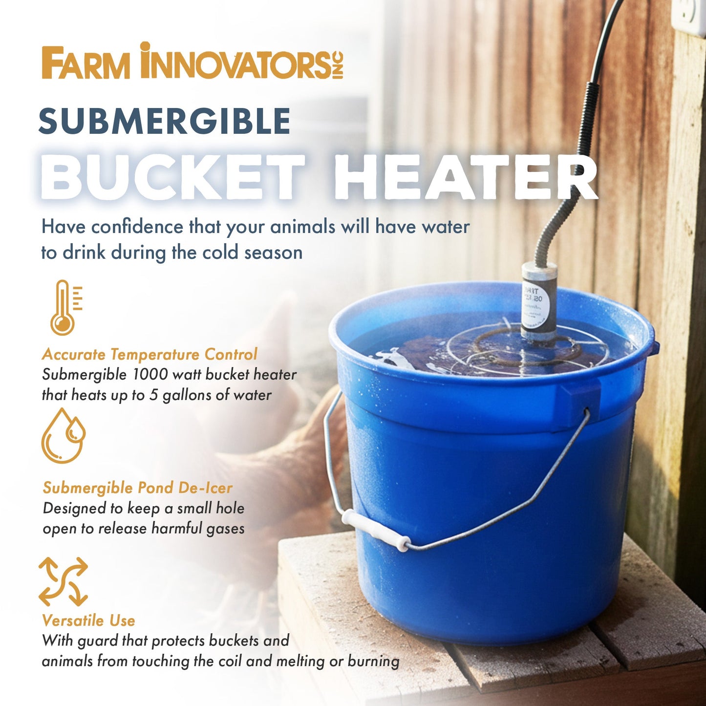 Farm Innovators W-449 Submergible Bucket Heater with Attached Guard, 1000 Watt