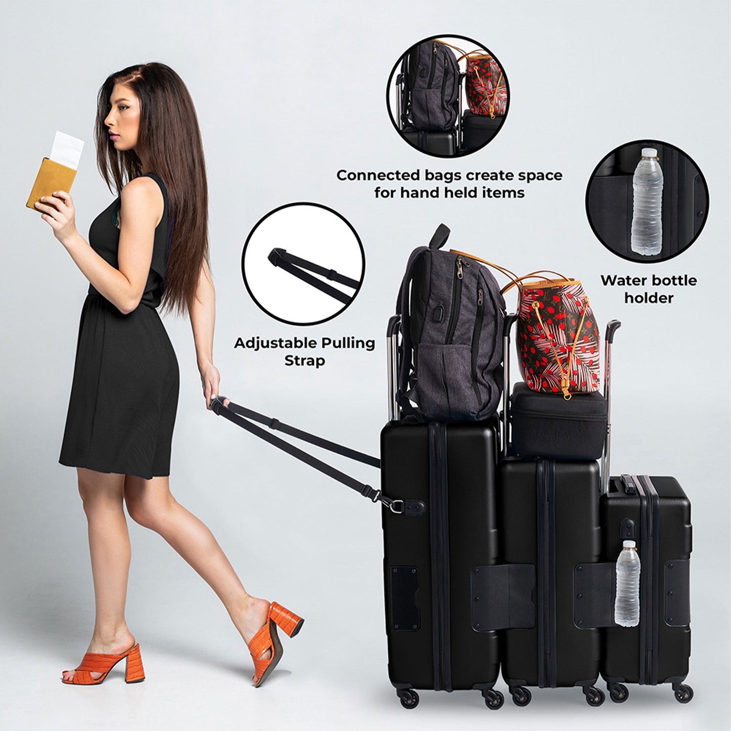 TACH V3.1 Connectable Hardside Luggage Set 3 Piece Set, Black