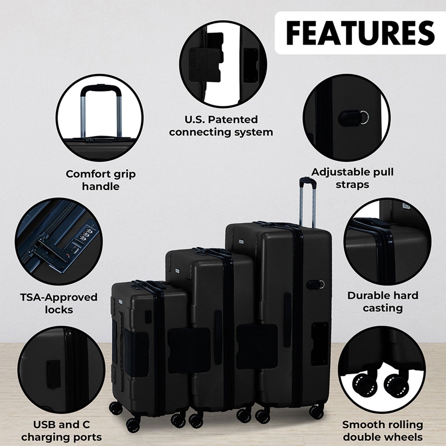 TACH V3.1 Connectable Hardside Luggage Set 3 Piece Set, Black