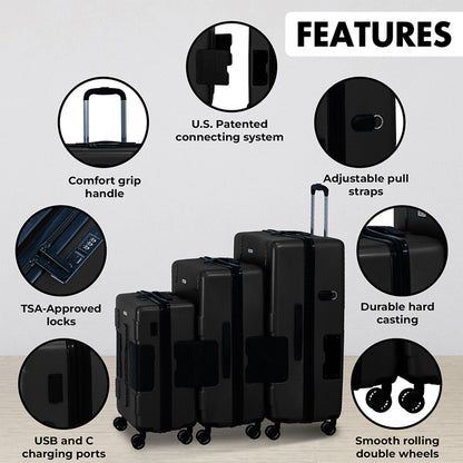 TACH V3.1 Connectable Hardside Luggage Set 3 Piece Set, Black
