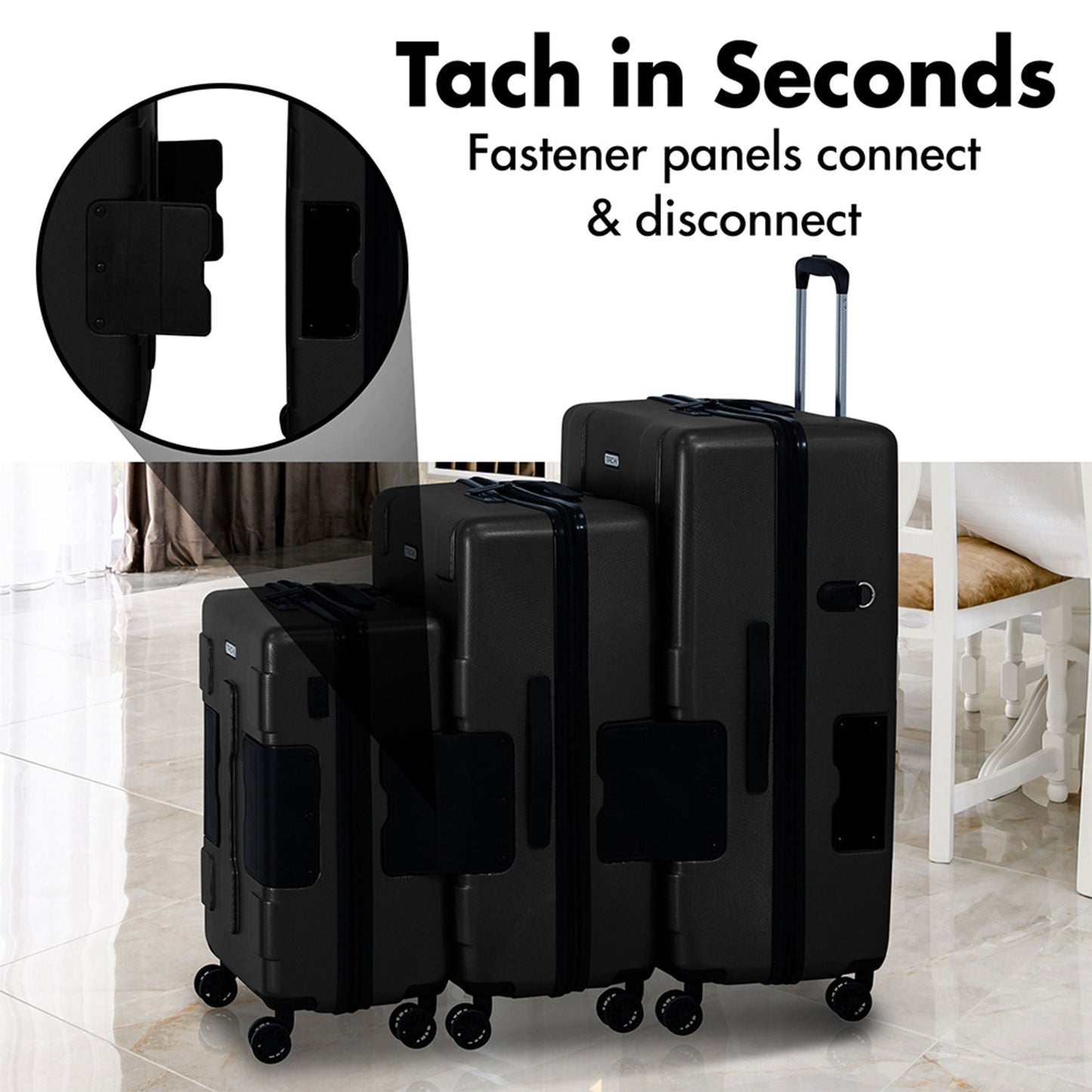 TACH V3.1 Connectable Hardside Luggage Set 3 Piece Set, Black