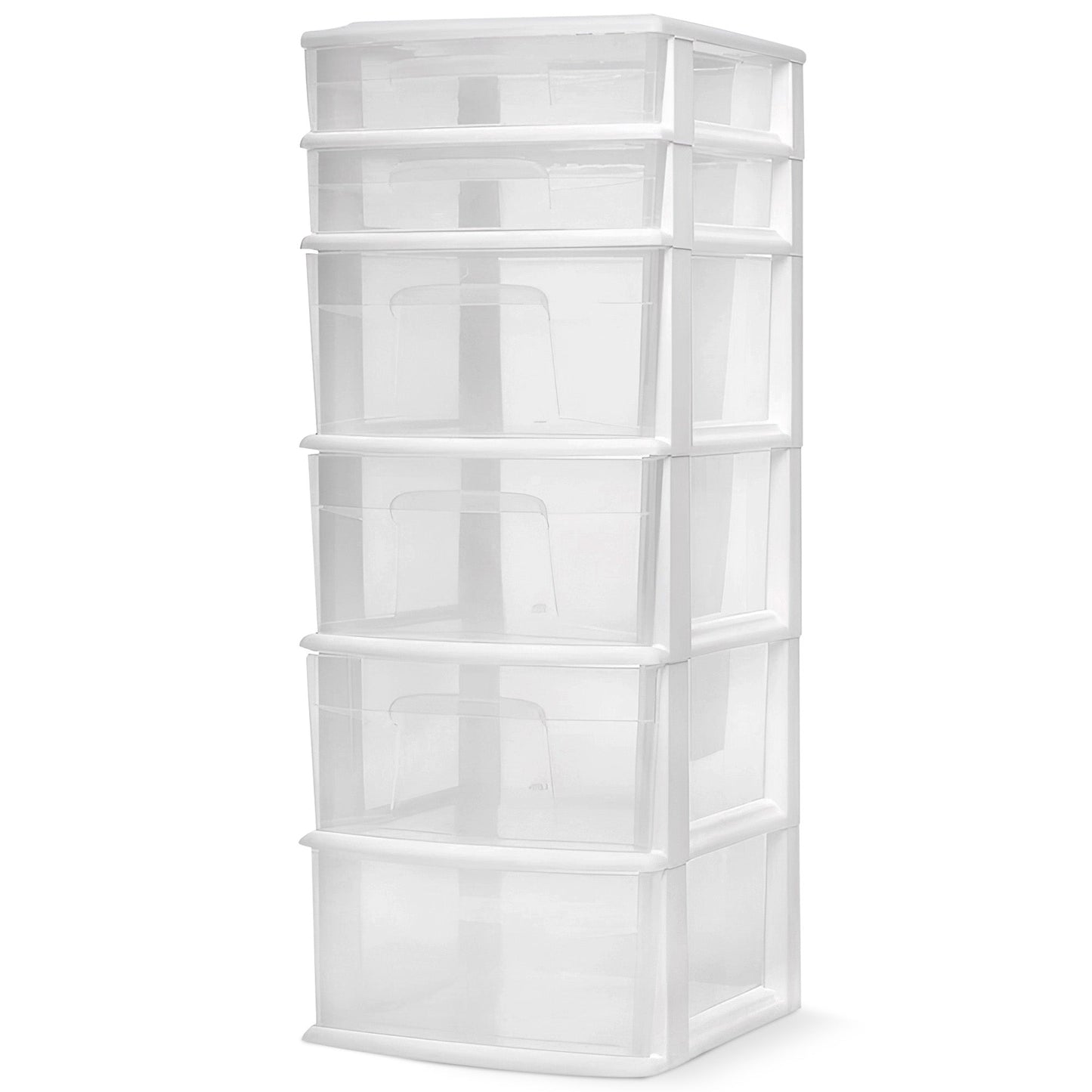 Homz Plastic 6 Clear Drawer Medium Home Storage Container Tower, White Frame