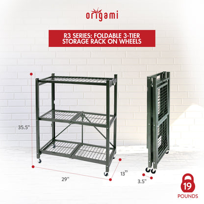 Origami R3 Foldable 3-Tiered Shelf Storage Rack & Wheels, Pewter (2 Pack)