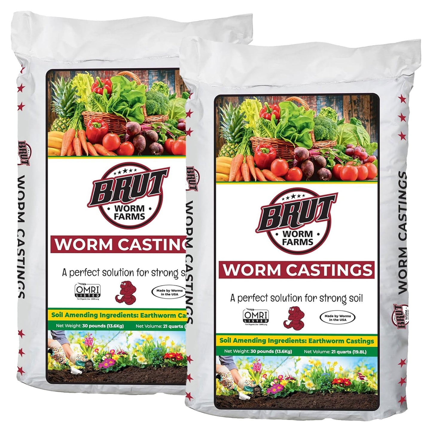 Brut Worm Farms Organic Worm Castings Soil Builder Set, 30 Pound Bag (2 Pack)
