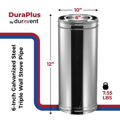 DuraVent DuraPlus 12 x 6 Inch Stainless Steel Triple Wall Stove Pipe, Silver