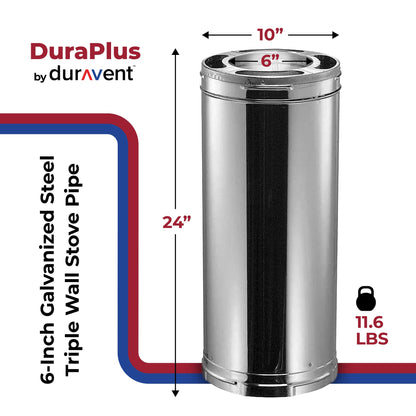 DuraVent DuraPlus 24 x 6 Inch Galvanized Steel Triple Wall Stove Pipe, Silver