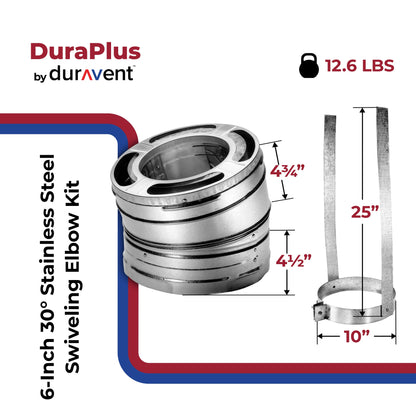 DuraVent 6DP-E30K DuraPlus 6 Inch 30 Degree Stainless Steel Swiveling Elbow Kit