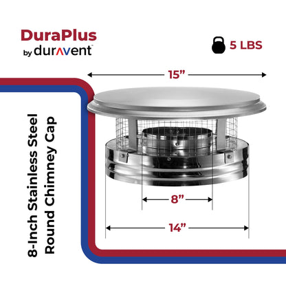 DuraVent DuraPlus 8DP-VC 8 Inch Diameter Stainless Steel Round Chimney Cap