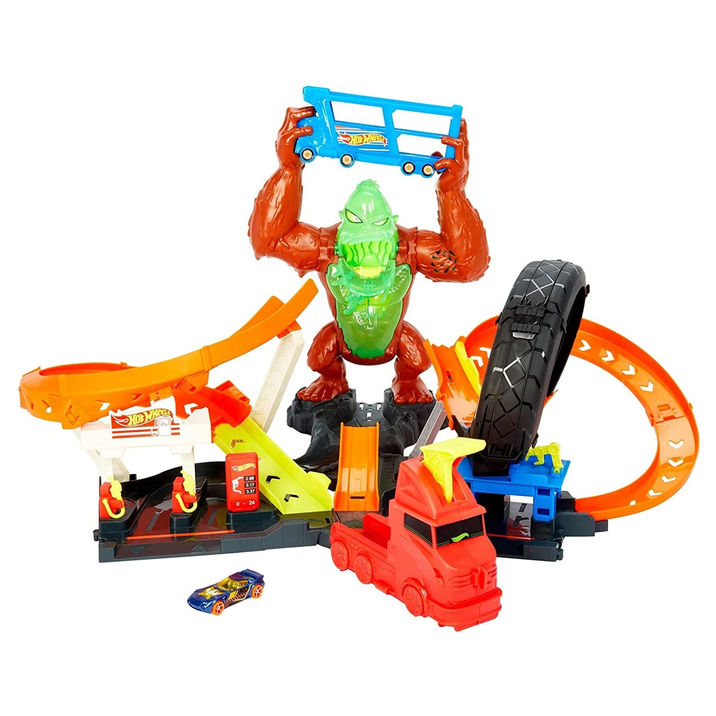 Hot Wheels Toxic Gorilla Slam Gas Station and Tire Repair Shop Car Track Playset