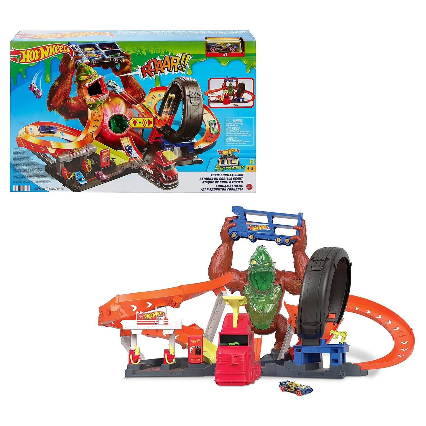 Hot Wheels Toxic Gorilla Slam Gas Station and Tire Repair Shop Car Track Playset