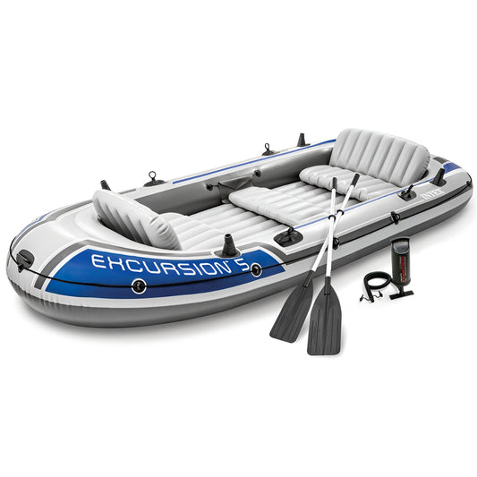 Intex Excursion 5 Person Inflatable Boat, Water Fishing River Raft Set w/Oars