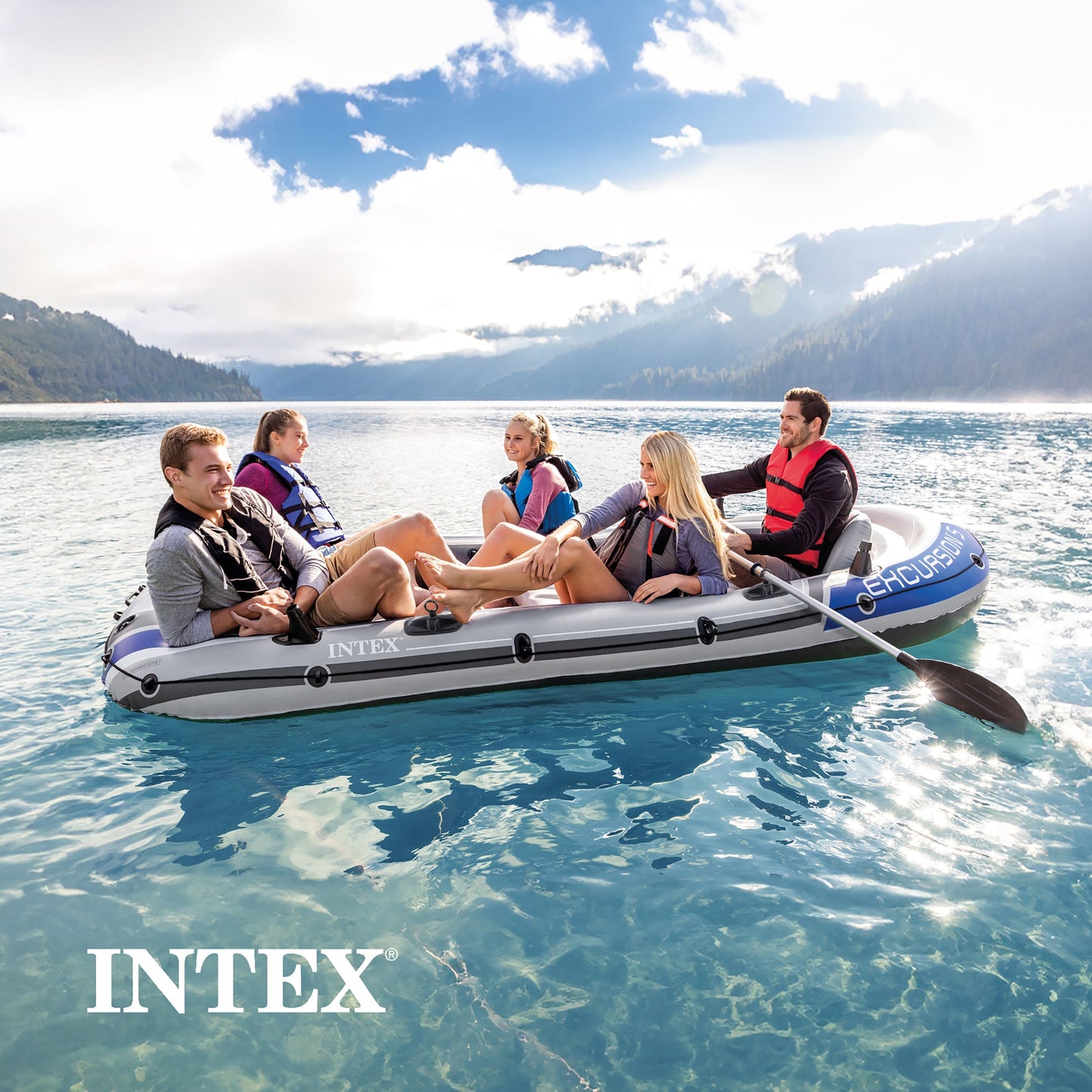 Intex Excursion 5 Inflatable Fishing Boat Set with Transom Mount Trolling Motor