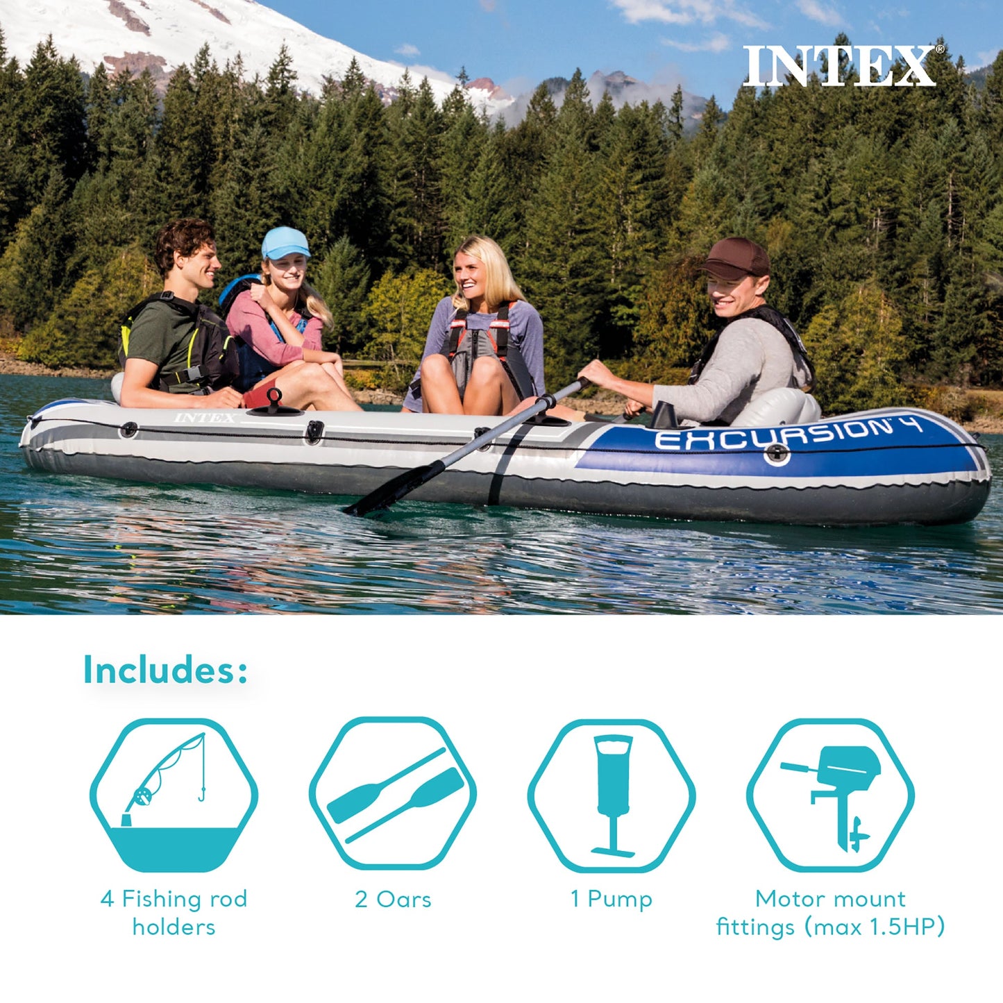 Intex Excursion 5 Inflatable Fishing Boat Set with Transom Mount Trolling Motor