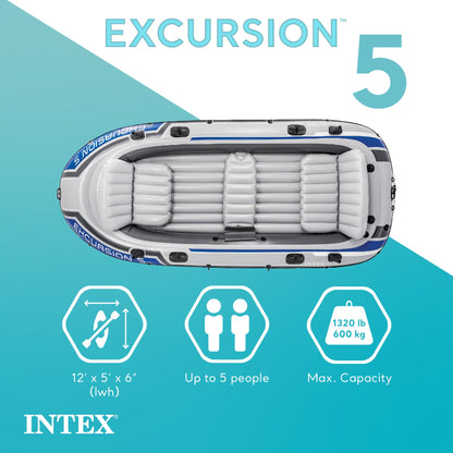 Intex Excursion 5 Person Inflatable Boat, Water Fishing River Raft Set w/Oars