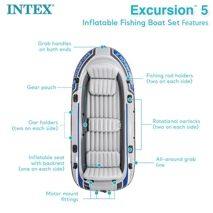 Intex Excursion 5 Person Inflatable Fishing Raft Boat with Composite Motor Mount