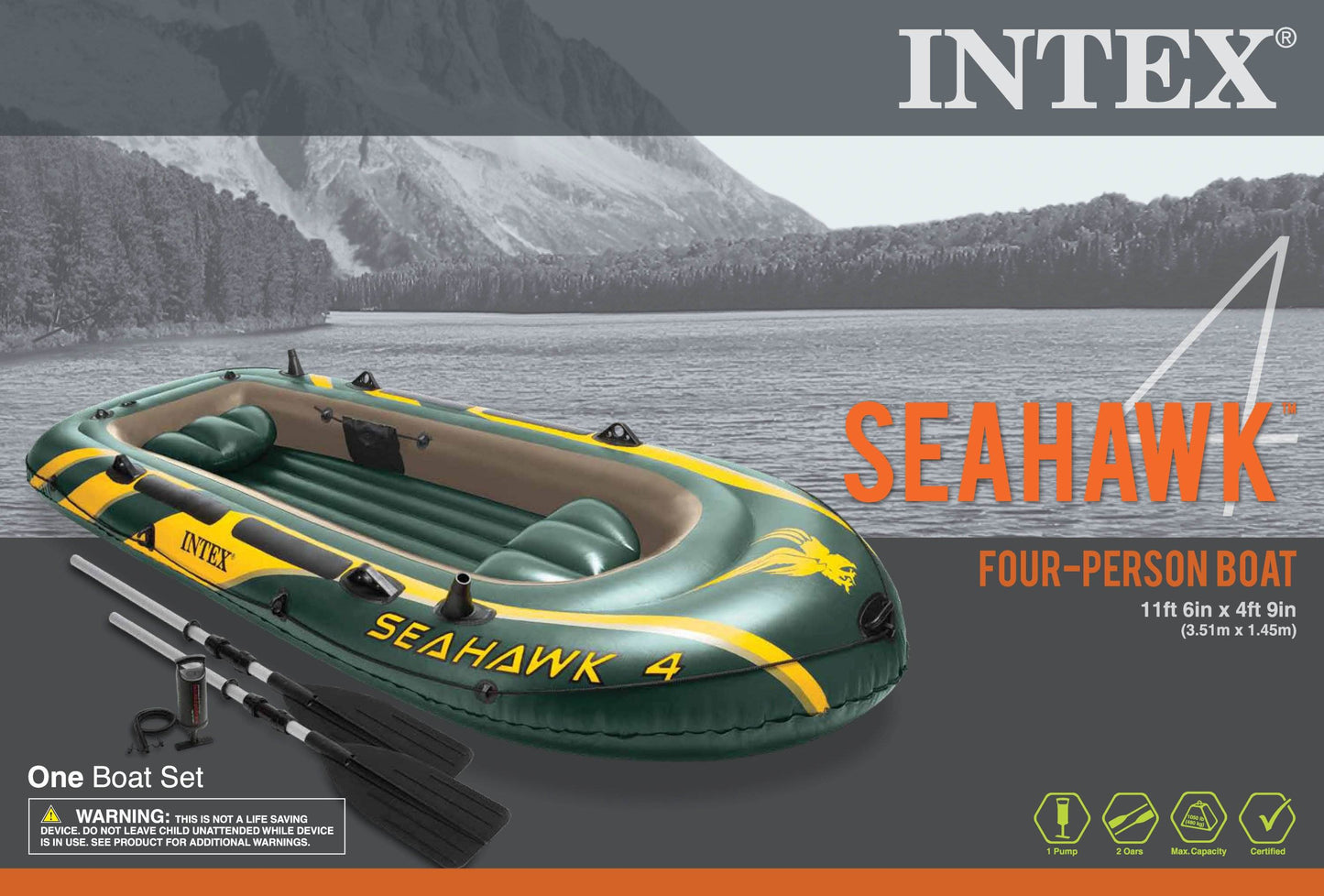 Intex Seahawk 4 Inflatable 4 Person Floating Boat Raft Set with Oars & Air Pump