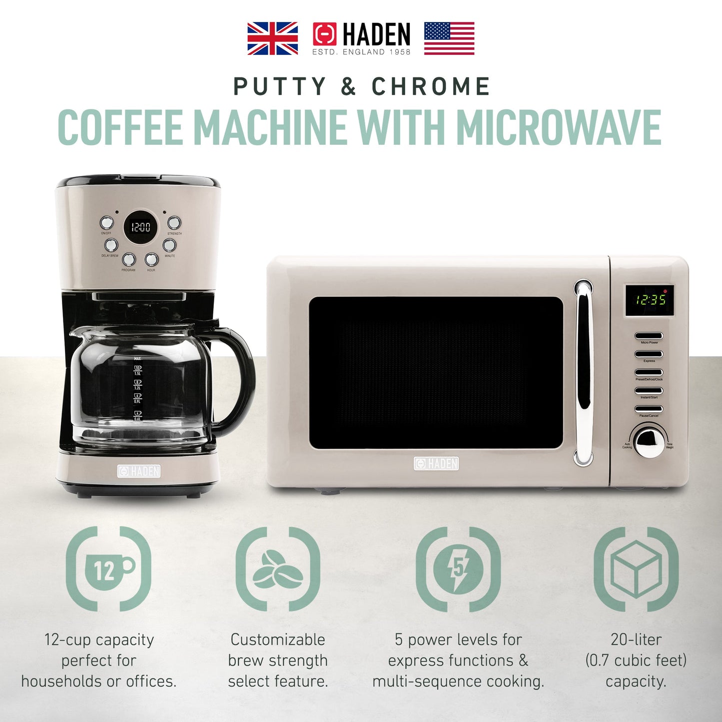 Haden Dorset 12 Cup Programmable Coffee Maker with Countertop Microwave, Putty