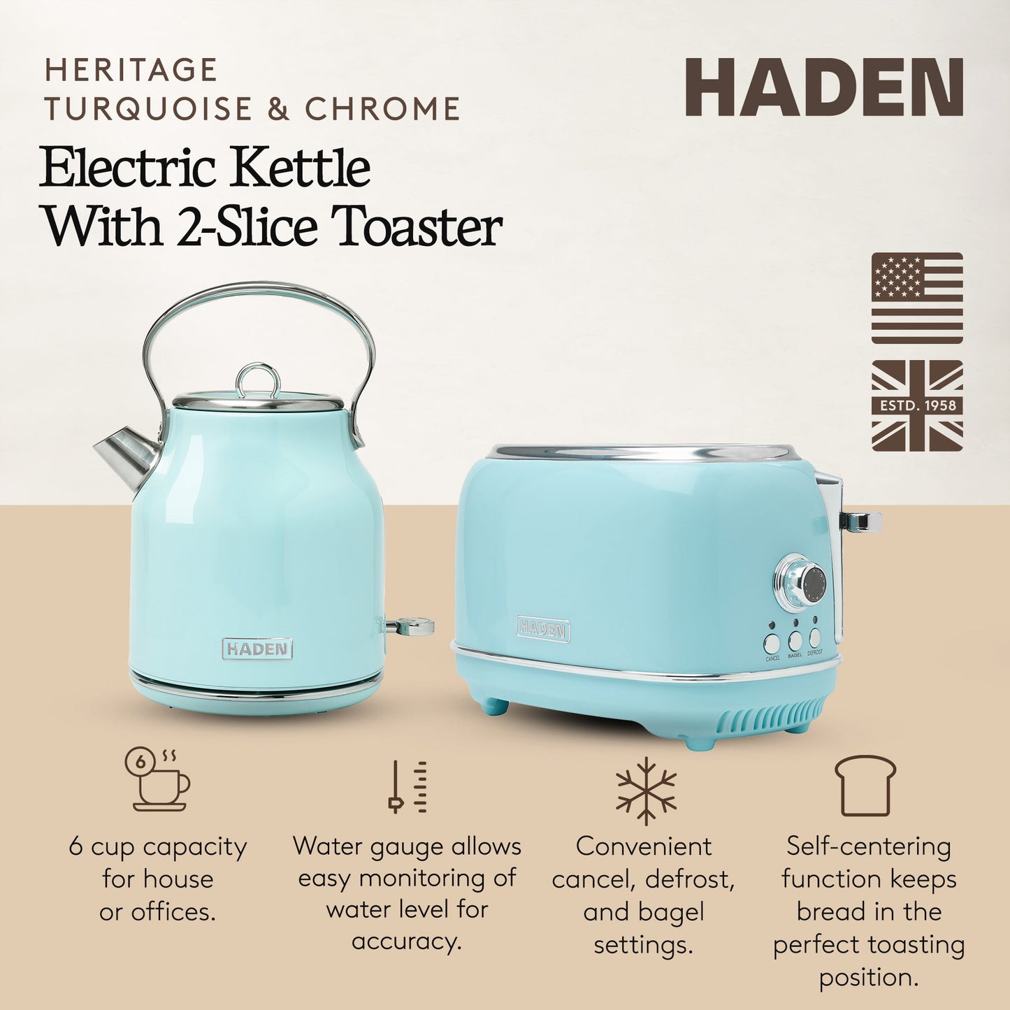 Haden Heritage 1.7 Liter Stainless Steel Electric Kettle with Toaster, Turquoise
