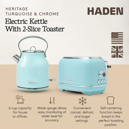 Haden Heritage 1.7 Liter Stainless Steel Electric Kettle with Toaster, Turquoise