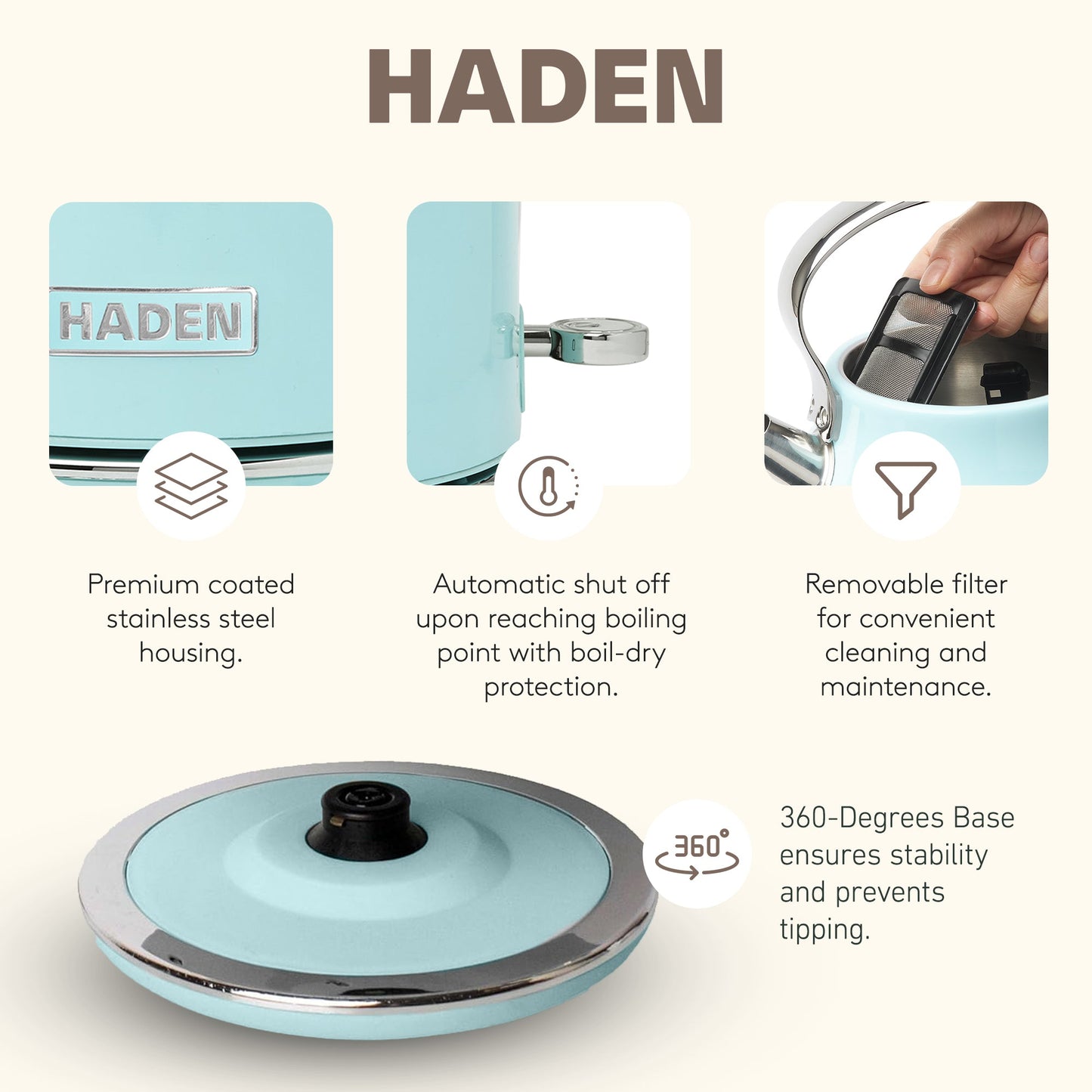 Haden Heritage 1.7 Liter Stainless Steel Electric Kettle with Toaster, Turquoise