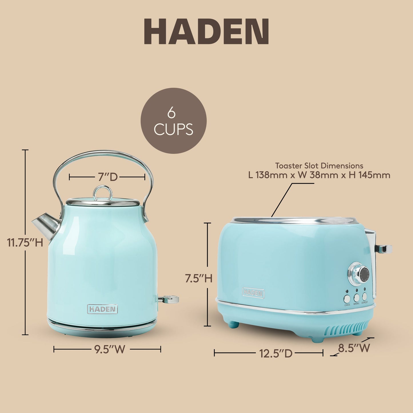 Haden Heritage 1.7 Liter Stainless Steel Electric Kettle with Toaster, Turquoise