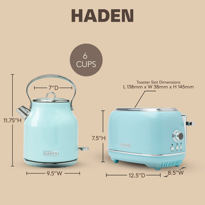 Haden Heritage 1.7 Liter Stainless Steel Electric Kettle with Toaster, Turquoise