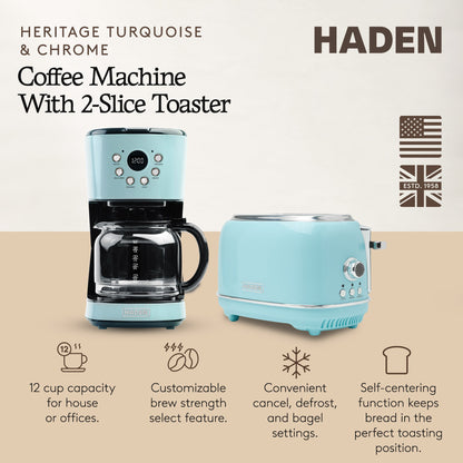 Haden Heritage 12 Cup Programmable Coffee Maker with 2 Slice Toaster, Turquoise