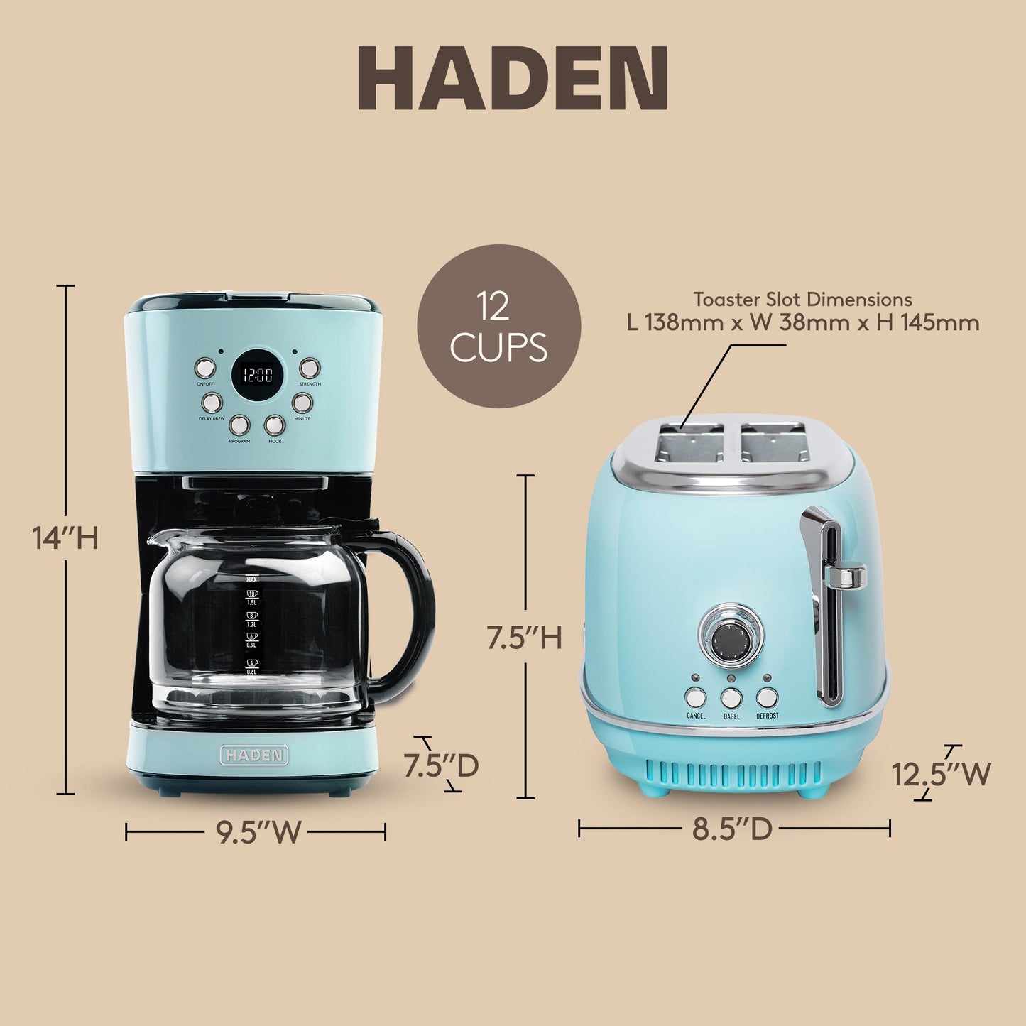 Haden Heritage 12 Cup Programmable Coffee Maker with 2 Slice Toaster, Turquoise