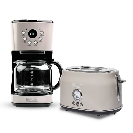 Haden 12 Cup Coffee Maker & Dorset 2 Slice Wide Slot Toaster, Putty & Chrome
