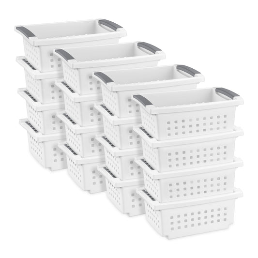 Sterilite 16608008 Small Stacking Basket with Titanium Accents, White (16 Pack)