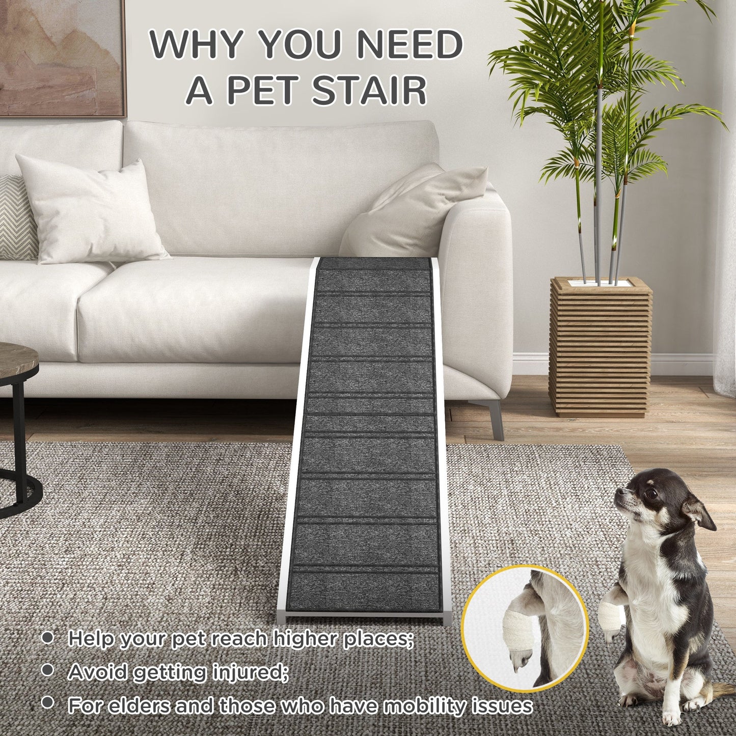 Dog Ramp for Bed, Pet Ramp for Dogs with Non-Slip Carpet and Top Platform, 74" x 16" x 25", White