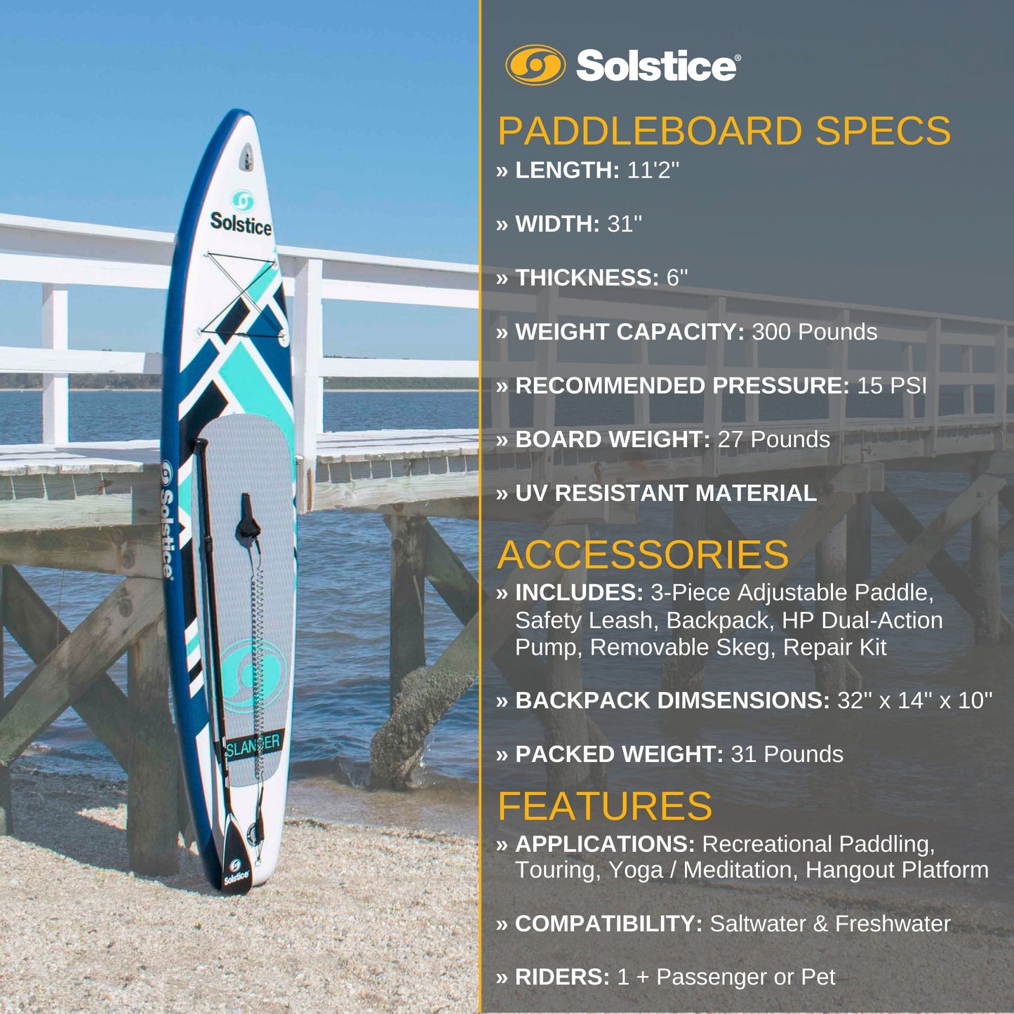 Solstice Watersports Islander 11 Foot Inflatable Stand-Up Paddle Board Kit, Teal