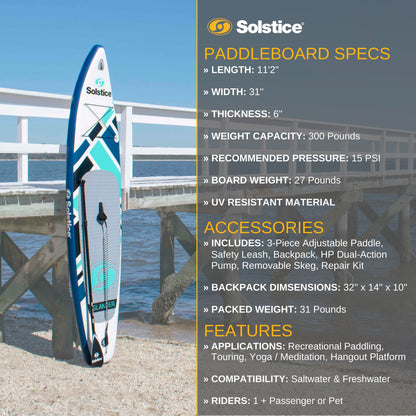 Solstice Watersports Islander 11 Foot Inflatable Stand-Up Paddle Board Kit, Teal