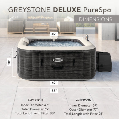 Intex PureSpa Plus Greystone 4 Person Inflatable Square Hot Tub Spa, 83 x 28"