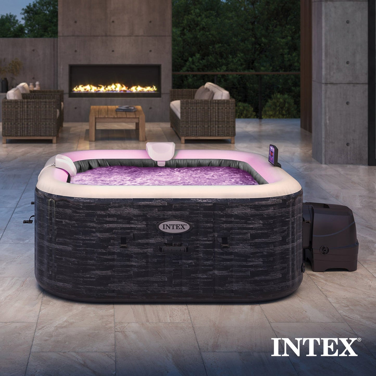 Intex PureSpa Plus Greystone 4 Person Inflatable Square Hot Tub Spa, 83 x 28"
