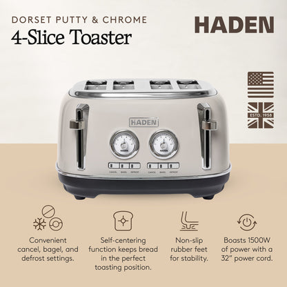 Haden Dorset 4 Slice Wide Slot Stainless Steel Toaster, Putty & Chrome