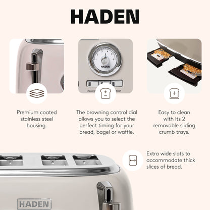 Haden Dorset 4 Slice Wide Slot Stainless Steel Toaster, Putty & Chrome