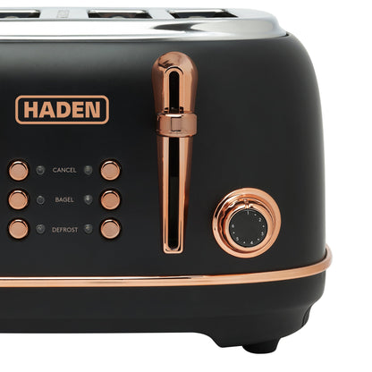 Haden Heritage 4 Slice Wide Slot Stainless Steel Toaster, Black & Copper