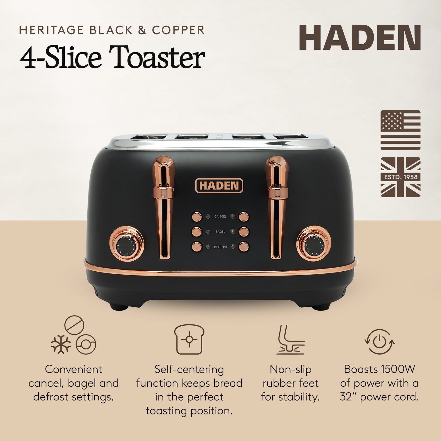 Haden Heritage 4 Slice Wide Slot Stainless Steel Toaster, Black & Copper