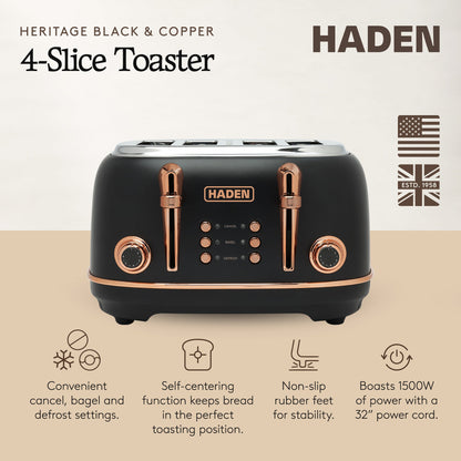 Haden Heritage 4 Slice Wide Slot Stainless Steel Toaster, Black & Copper