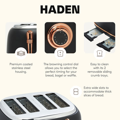 Haden Heritage 4 Slice Wide Slot Stainless Steel Toaster, Black & Copper